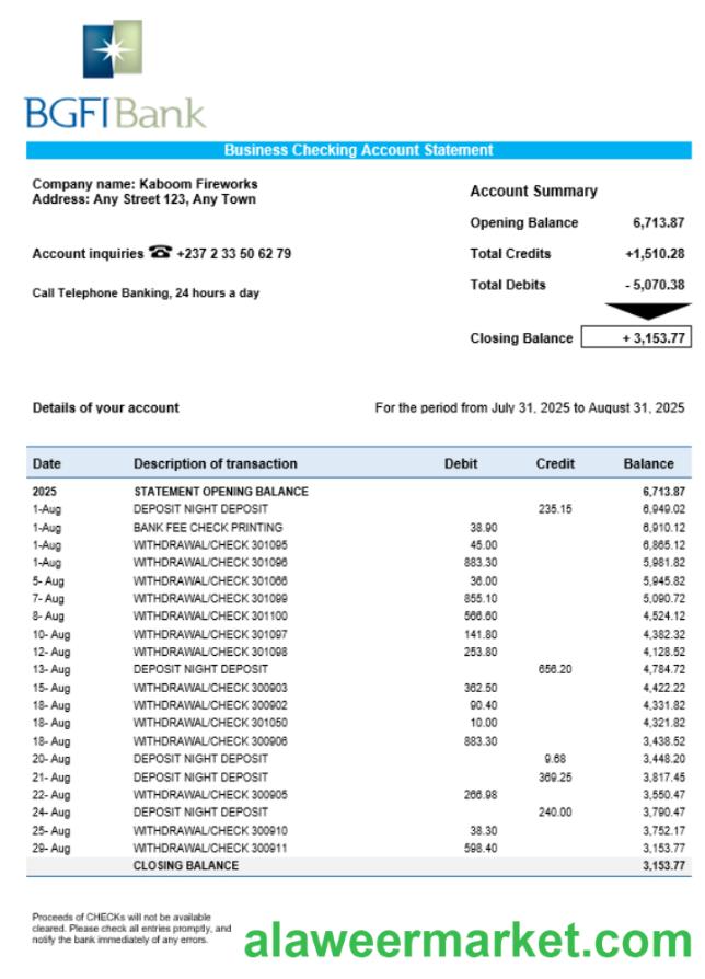 BGFI business bank statement Word and PDF format